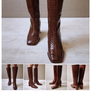 Alohas Elegant Brown Crocodile Pattern Knee-High Boots